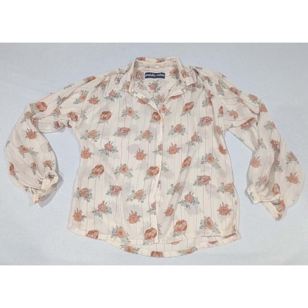 Paula Saker Blouse Women 12 Cream Excellent Vintage Floral Striped Button Up